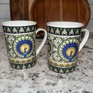 Set of 2 Vintage Porcelain Coffee Tea Mugs Peacocks Blue Green Gold